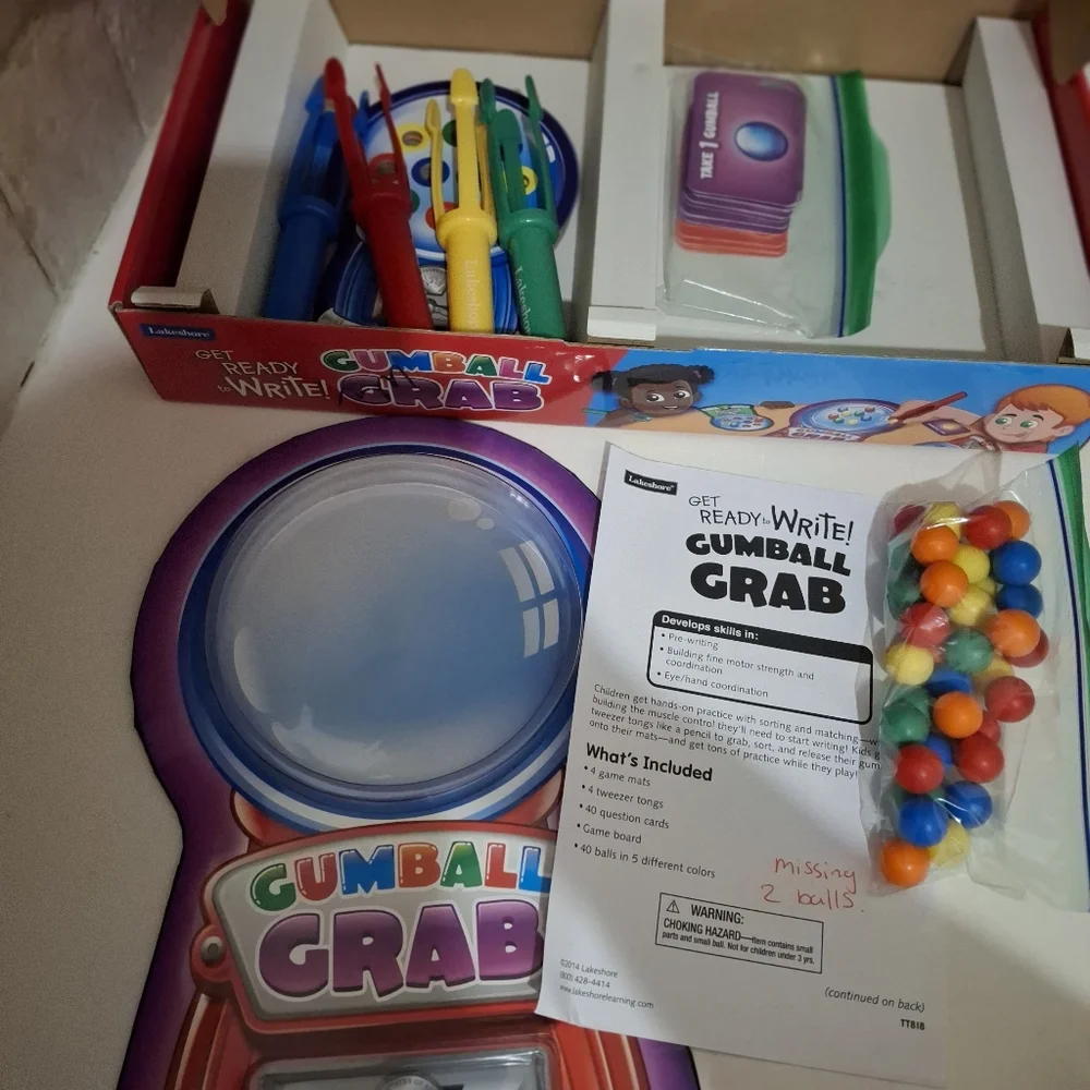 Lakeshore Gumball Grab Game Ages 3+ Fine Motor Skills MISSING 2 GUMBALLS